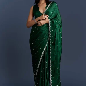 Dark Green Chinon Embroidered Saree With Intricate Hand Embroidery